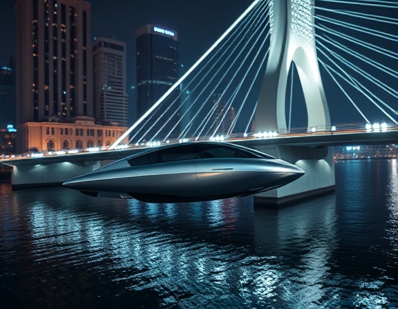 urban boutique fleet, cutting-edge aesthetics, gliding, photorealistic, across a futuristic city bridge with LED lights and a river below, highly detailed, reflections on surface, silver and chrome, ambient night light, shot with a telephoto lens
