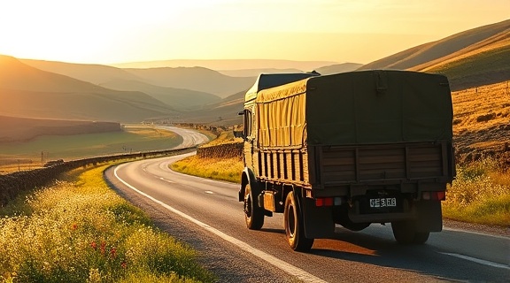 classic boutique transport truck, rugged appearance, travelling, photorealistic, along a scenic countryside road lined with wildflowers and rolling hills, highly detailed, dust particles, olive green, soft sunrise, shot with a wide-angle lens
