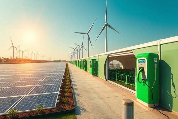 eco-friendly boutique logistics, innovative design, charging, photorealistic, in a green energy hub with solar panels and wind turbines, highly detailed, seamless panels, emerald green, bright midday sun, shot with an ultra-wide lens