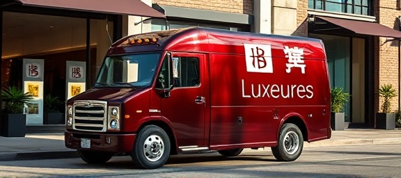 luxurious boutique truck, eye-catching, idling, photorealistic, in front of a chic urban boutique with glass windows and potted plants, highly detailed, pristine finish, deep maroon, afternoon sunlight, shot with a prime lens