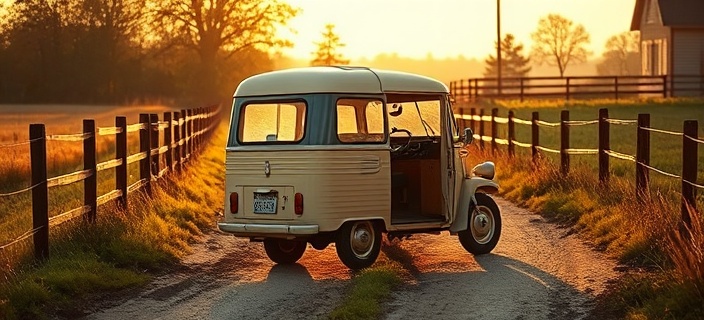 retro boutique transport, full of character, turning, photorealistic, on a rural dirt path surrounded by farmland and wooden fences, highly detailed, muddy tires, cream and gold, golden hour, shot with a 35mm lens