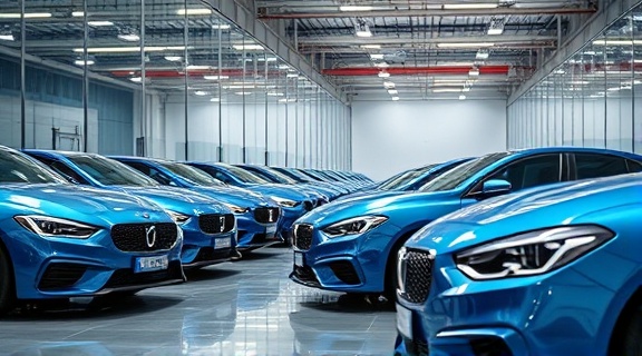 stylish boutique fleet, perfectly aligned, waiting, photorealistic, in a modern warehouse with reflective glass walls and organized lines, highly detailed, glossy surfaces, metallic blue, fluorescent lighting, shot with a 70-200mm lens