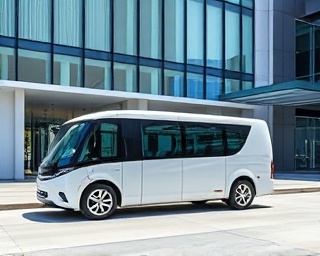 minimalist boutique transport, sleek lines, standing still, photorealistic, beside a high-tech corporate office with steel and glass architecture, highly detailed, smooth surfaces, stark white, harsh midday light, shot with a DSLR camera lens