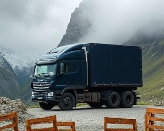 robust boutique hauler, impressive build, hauling, photorealistic, through a stormy mountain pass with jagged peaks and mist, highly detailed, rugged textures, navy blue, dramatic shadows, shot with a zoom lens