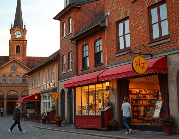 charming boutique hauler, quaint design, stopping, photorealistic, by a rural town's main square with a clock tower and brick buildings, highly detailed, quaint signage, rustic red, soft evening glow, shot with a standard lens