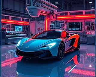 avant-garde boutique fleet, futuristic flair, assembling, photorealistic, inside an innovation lab with digital displays and robotics, highly detailed, aerodynamic forms, neon accents, spot lighting, shot with a macro lens